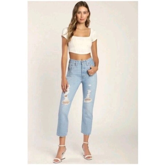Levi's Premium 501 Crop Jeans In Ojai Ring Women's Size 27 Distressed High Rise - Picture 2 of 16